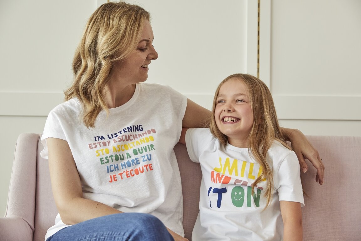 mother and daughter smiling and wearing Charlie Waller Boden t-shirts
