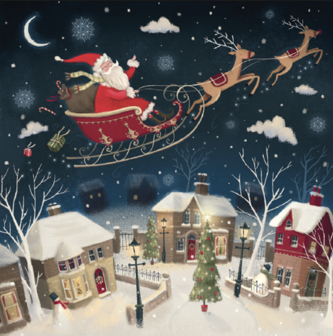 Santa sleigh and reindeers flying over houses