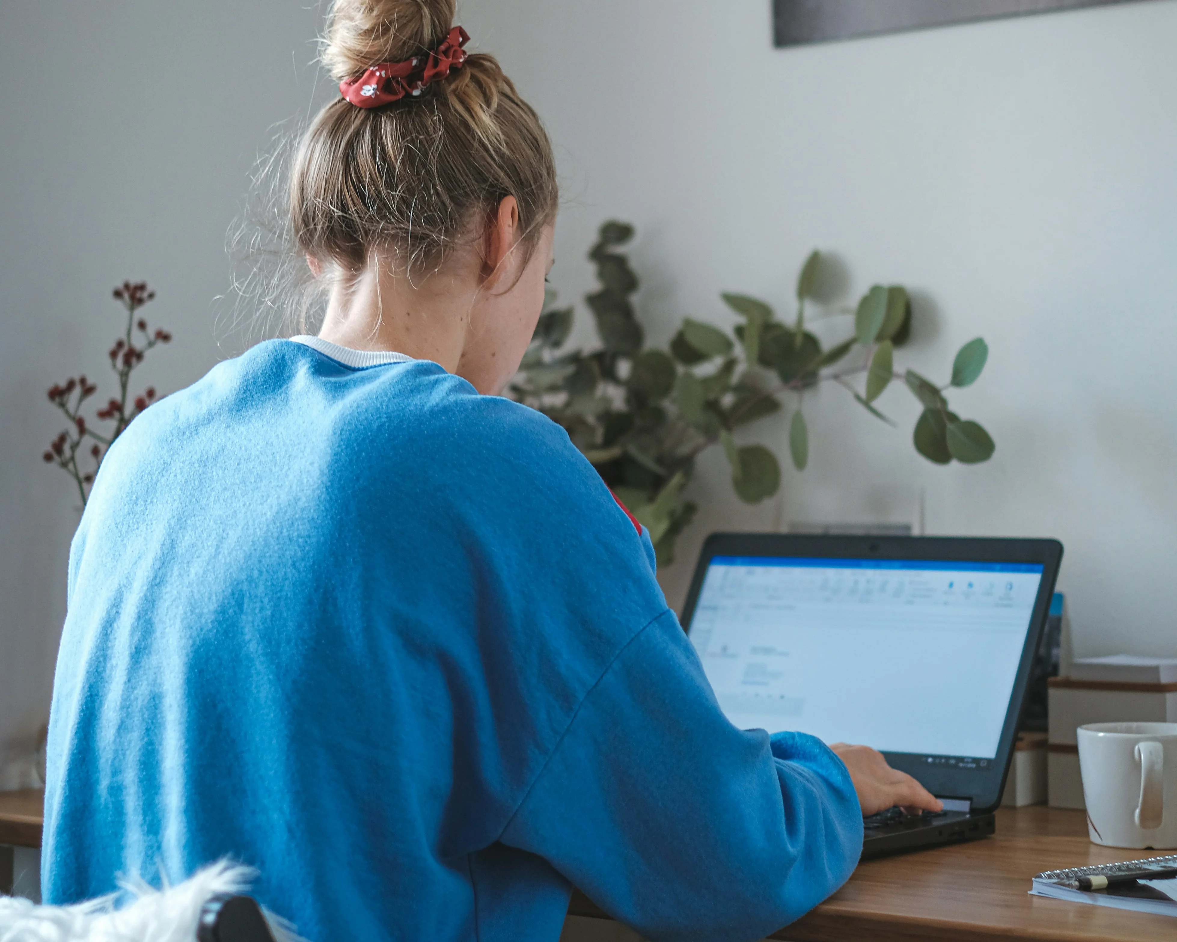 Woman working on a laptop at a desk from back