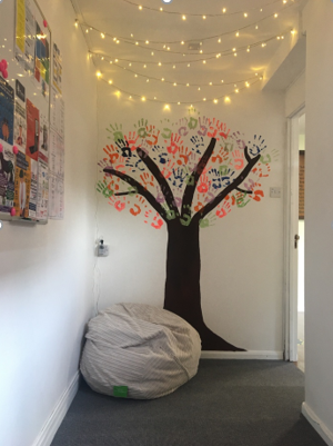 Our intern Evie's wellbeing room that she created at her boarding school to help with children and young people's mental health and wellbeing at school.