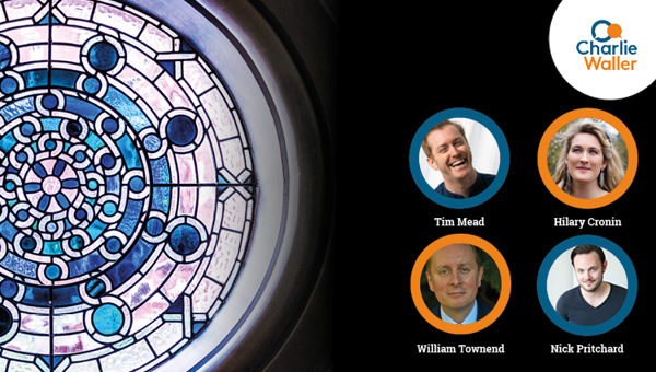 Stained glass window with images of Tim Mead, Hilary Cronin, William Townend and Nick Pritchard and the Charlie Waller Trust logo