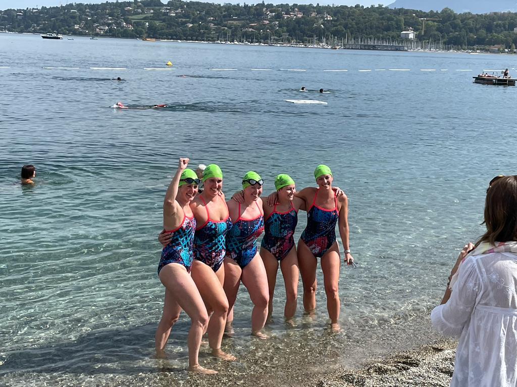 Team 'Ladies of the Lake' celebrate their successful swim